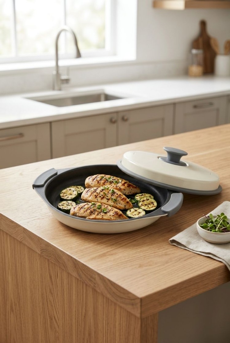 Sealed lid with micro-pressure steam vent for microwave grill multi-pot to lock in moisture