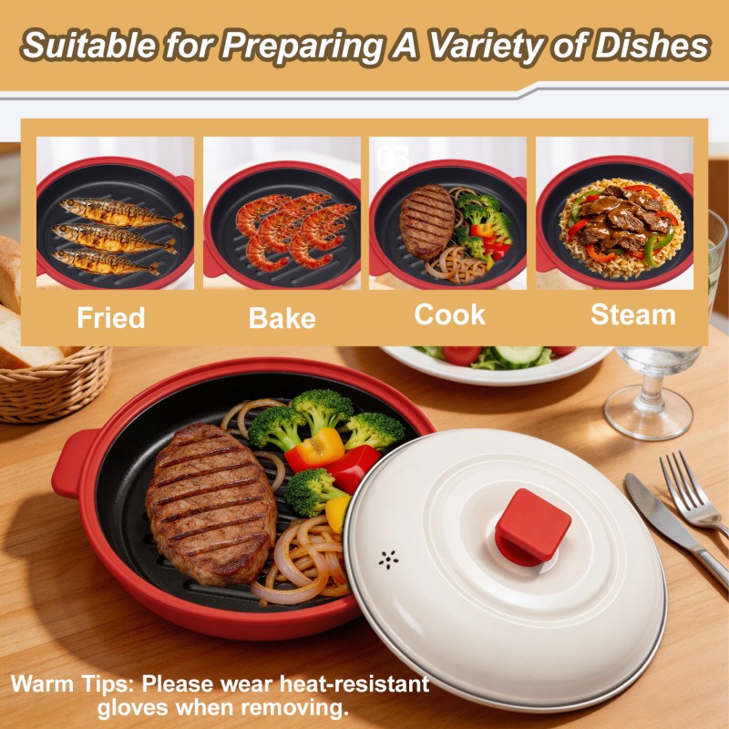 HeMaSe Temperature Controllable Microwave Grill Inside Surface - PTFE Non-Stick Coating with Grill Lines for Perfect Steak Marks